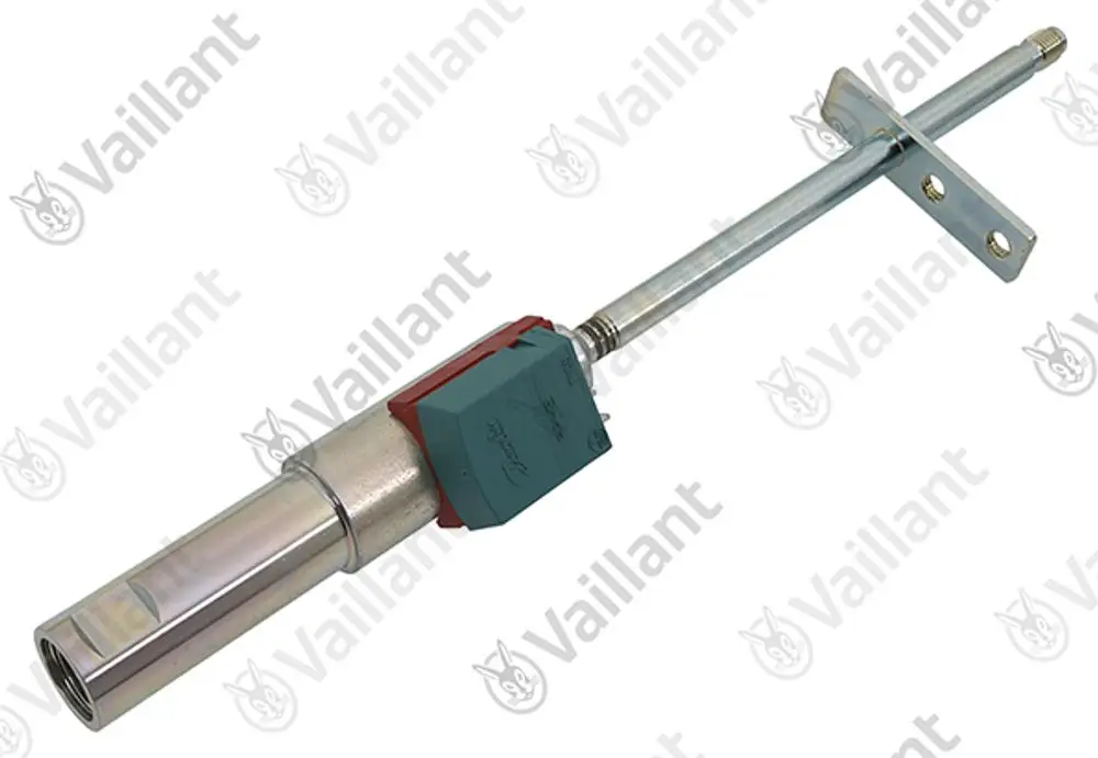Vaillant Düse mit metallischem Gehäuse und Anschlussstück, geeignet für Heizsysteme. Verbindungselement ist ebenfalls aus Metall und sorgt für Stabilität.